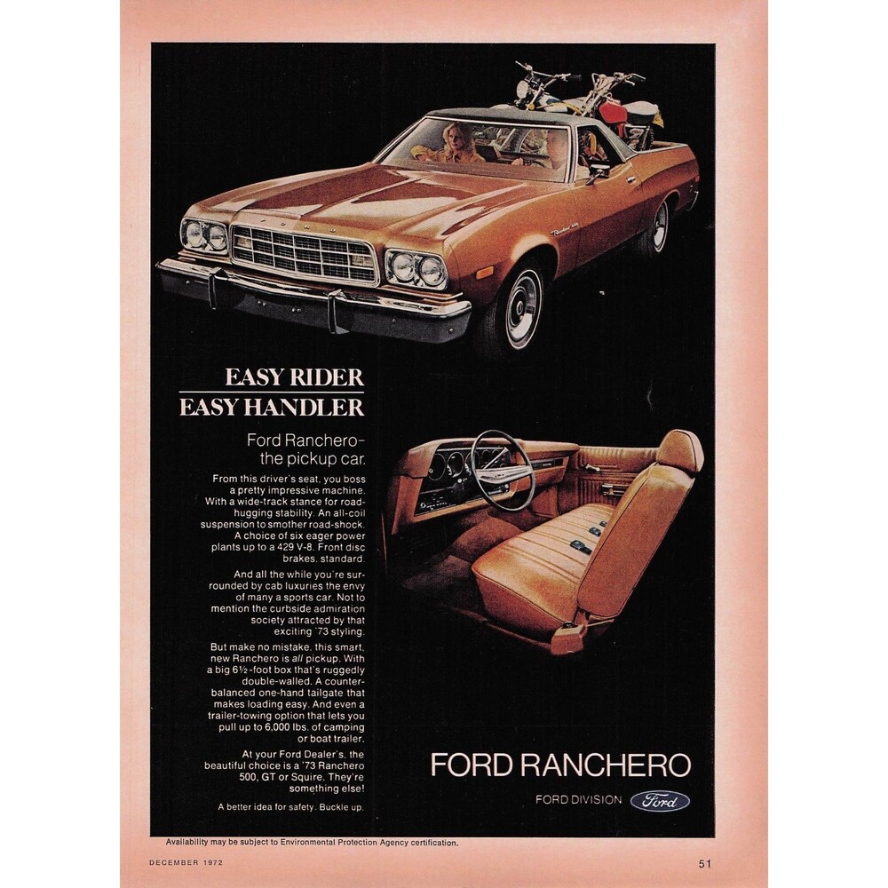 1973 Ford Ranchero Vintage Print Ad Easy Rider Easy Handler Pickup Car decor art